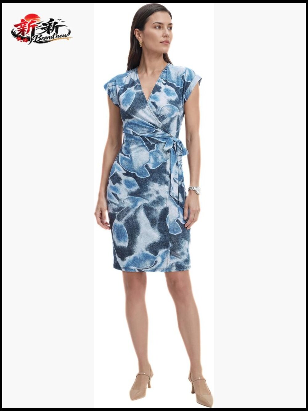 Short Sleeve Wrap Dress V-Neck Knee-Length Work Business Casual